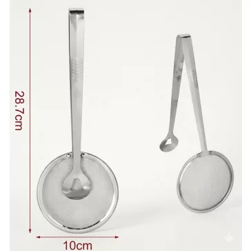 Rozsdamentes csipeszes konyhai szűrő 28,7 cm hosszú, 10 cm-es szűrőfejjel
