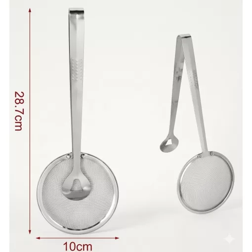 Rozsdamentes csipeszes konyhai szűrő 28,7 cm hosszú, 10 cm-es szűrőfejjel
