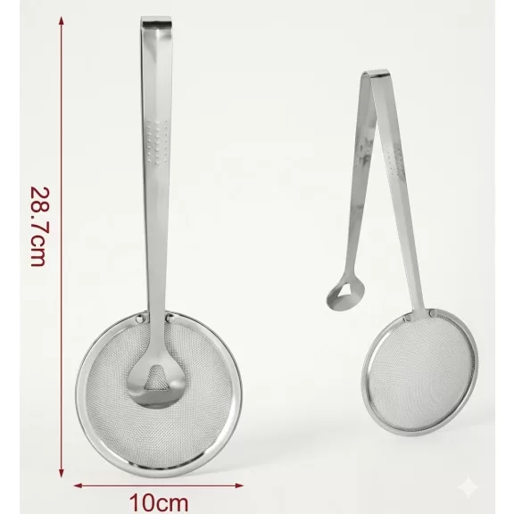 Rozsdamentes csipeszes konyhai szűrő 28,7 cm hosszú, 10 cm-es szűrőfejjel