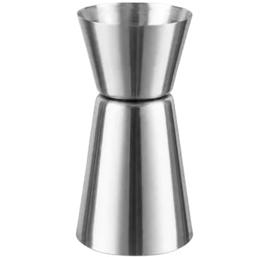 25 ml és 50 ml-es kétoldalas rozsdamentes acél bár jigger koktélmérce ezüst színben, háttérben koktélos kellékekkel