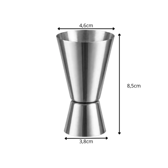 25 ml és 50 ml-es kétoldalas rozsdamentes acél bár jigger koktélmérce ezüst színben, háttérben koktélos kellékekkel