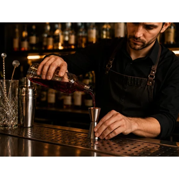 25 ml és 50 ml-es kétoldalas rozsdamentes acél bár jigger koktélmérce ezüst színben, háttérben koktélos kellékekkel