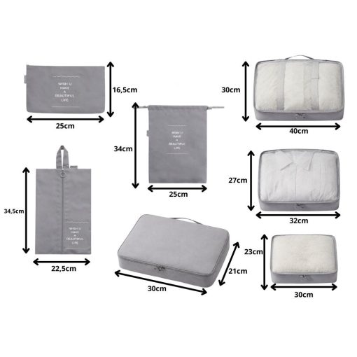 7 darabos szürke utazási bőröndszervező készlet különböző méretű hálós táskákkal