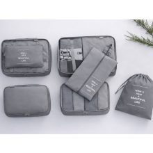 7 darabos szürke utazási bőröndszervező készlet különböző méretű hálós táskákkal