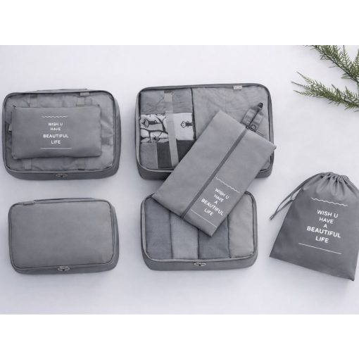 7 darabos szürke utazási bőröndszervező készlet különböző méretű hálós táskákkal