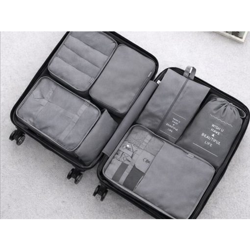 7 darabos szürke utazási bőröndszervező készlet különböző méretű hálós táskákkal