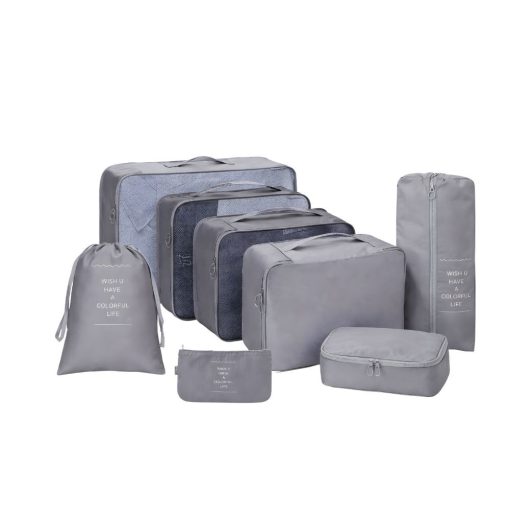 7 darabos szürke utazási bőröndszervező készlet különböző méretű hálós táskákkal