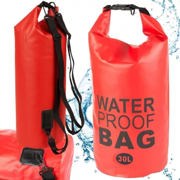 30 literes piros vízálló dry bag táska állítható hátizsák pántokkal és tekercses záródással vízi sportokhoz