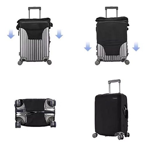 Fekete Trizand M méretű bőröndhuzat egy bőröndön, látható nyílásokkal a fogantyúknak és a kerekeknek