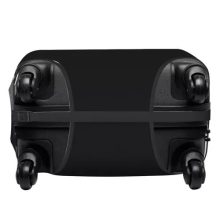 Fekete Trizand M méretű bőröndhuzat egy bőröndön, látható nyílásokkal a fogantyúknak és a kerekeknek