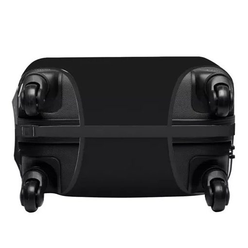 Fekete Trizand M méretű bőröndhuzat egy bőröndön, látható nyílásokkal a fogantyúknak és a kerekeknek