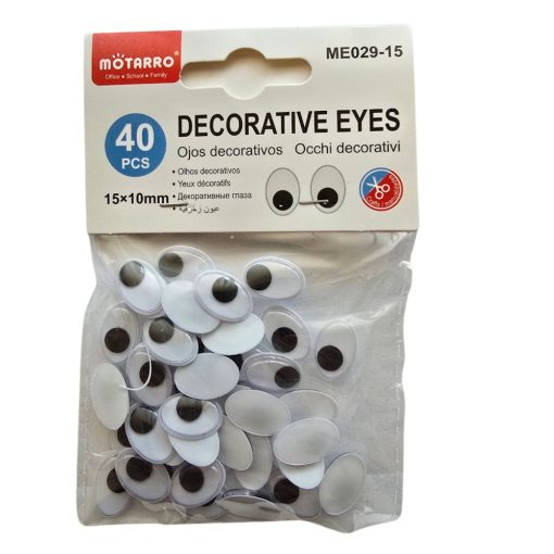 Ovális alakú öntapadós mozgó szemek fekete-fehér színben, 15x10 mm méretben
