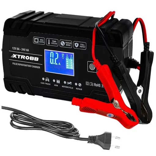 trobb 22463 automata akkumulátortöltő, 12V és 24V-os ólomakkumulátorokhoz, LCD kijelzővel, javítási funkcióval, fekete színben