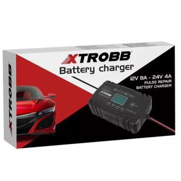 trobb 22463 automata akkumulátortöltő, 12V és 24V-os ólomakkumulátorokhoz, LCD kijelzővel, javítási funkcióval, fekete színben