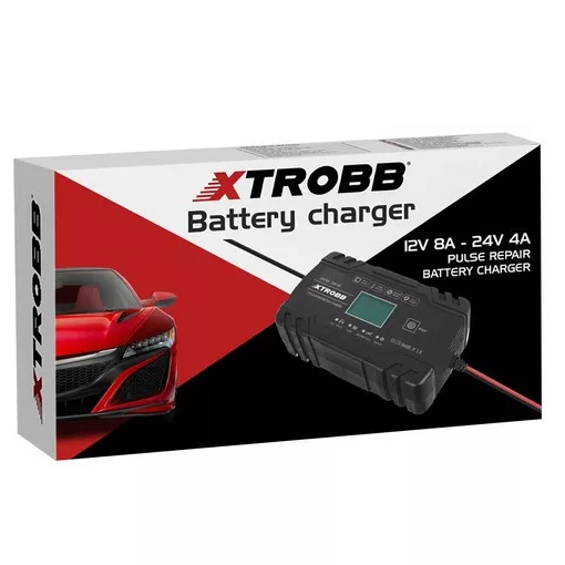 trobb 22463 automata akkumulátortöltő, 12V és 24V-os ólomakkumulátorokhoz, LCD kijelzővel, javítási funkcióval, fekete színben