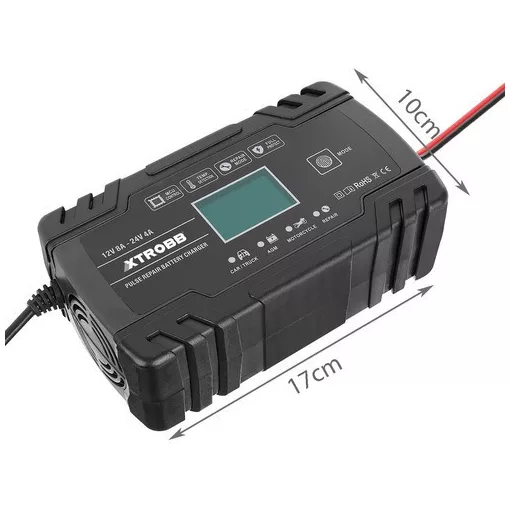 trobb 22463 automata akkumulátortöltő, 12V és 24V-os ólomakkumulátorokhoz, LCD kijelzővel, javítási funkcióval, fekete színben