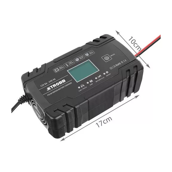 trobb 22463 automata akkumulátortöltő, 12V és 24V-os ólomakkumulátorokhoz, LCD kijelzővel, javítási funkcióval, fekete színben