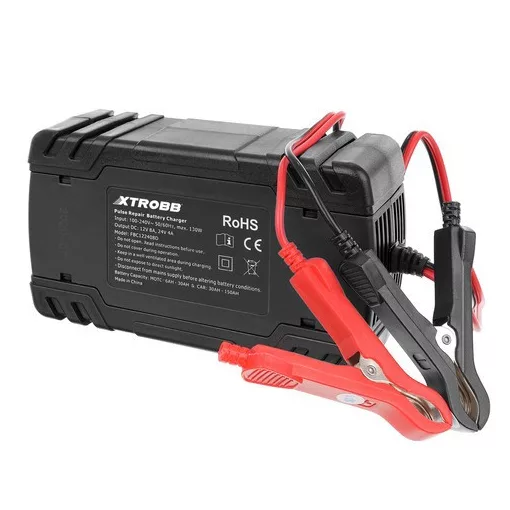 trobb 22463 automata akkumulátortöltő, 12V és 24V-os ólomakkumulátorokhoz, LCD kijelzővel, javítási funkcióval, fekete színben
