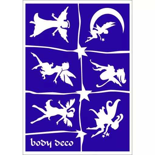 A5 méretű tündéres és angyalos csillámtetoválás sablonszett 7 darab mintával