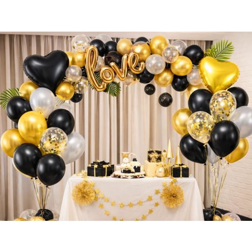 18 darabos elegáns fekete és arany lufi dekorációs készlet szív és konfettis lufikkal