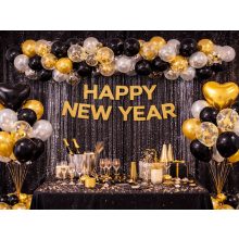 18 darabos elegáns fekete és arany lufi dekorációs készlet szív és konfettis lufikkal