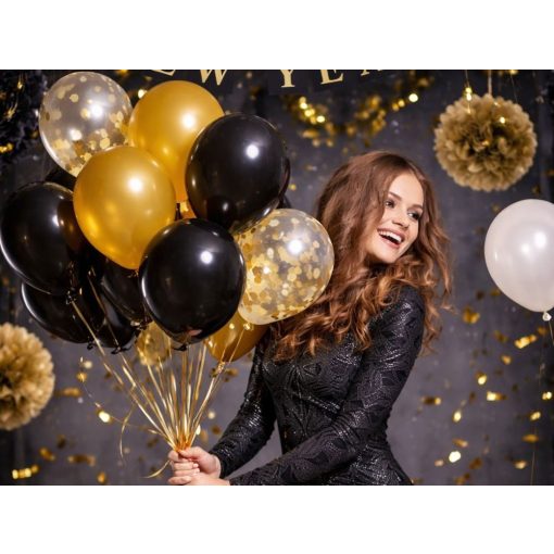18 darabos elegáns fekete és arany lufi dekorációs készlet szív és konfettis lufikkal