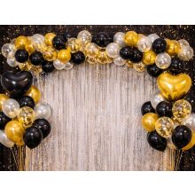 18 darabos elegáns fekete és arany lufi dekorációs készlet szív és konfettis lufikkal