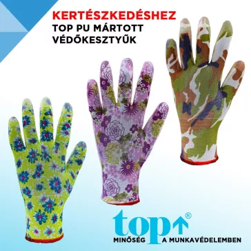 Pu mártott kertész kesztyű - virág mintás Zöld