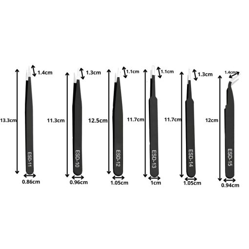 6 darabos matt fekete antisztatikus precíziós csipeszkészlet különböző hegyformákkal