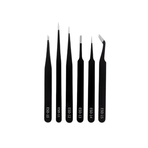 6 darabos matt fekete antisztatikus precíziós csipeszkészlet különböző hegyformákkal