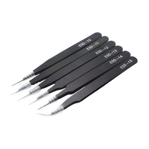 6 darabos matt fekete antisztatikus precíziós csipeszkészlet különböző hegyformákkal