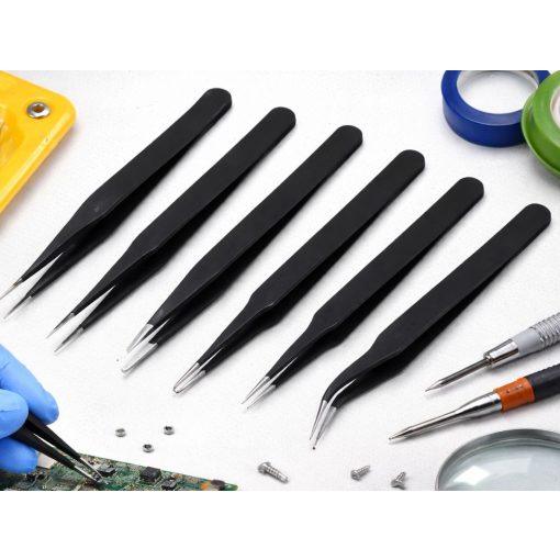 6 darabos matt fekete antisztatikus precíziós csipeszkészlet különböző hegyformákkal