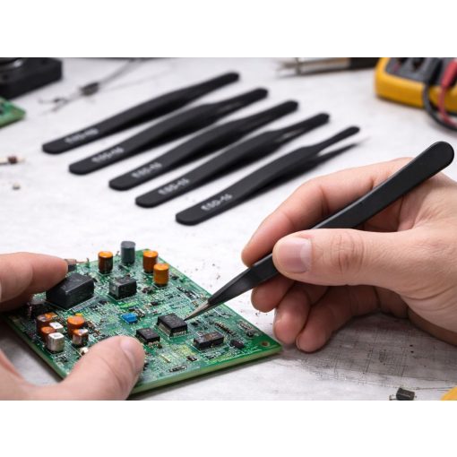 6 darabos matt fekete antisztatikus precíziós csipeszkészlet különböző hegyformákkal