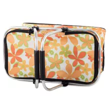 Elegáns fehér virágmintás hőszigetelt összecsukható piknikkosár alumínium kerettel