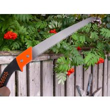 30 cm-es kézi kerti fűrész fekete-piros ergonomikus nyéllel és fekete műanyag tokkal