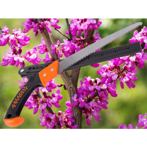 30 cm-es kézi kerti fűrész fekete-piros ergonomikus nyéllel és fekete műanyag tokkal