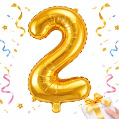 66 cm-es arany 2-es számú fólia lufi születésnapi dekorációhoz, önzáró szeleppel