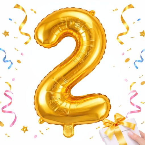 66 cm-es arany 2-es számú fólia lufi születésnapi dekorációhoz, önzáró szeleppel