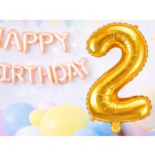 66 cm-es arany 2-es számú fólia lufi születésnapi dekorációhoz, önzáró szeleppel
