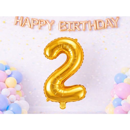 66 cm-es arany 2-es számú fólia lufi születésnapi dekorációhoz, önzáró szeleppel