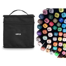 alkoholos marker készlet 40 darabos, nyitott fekete tokban, látható élénk színű markerekkel és dupla hegyekkel