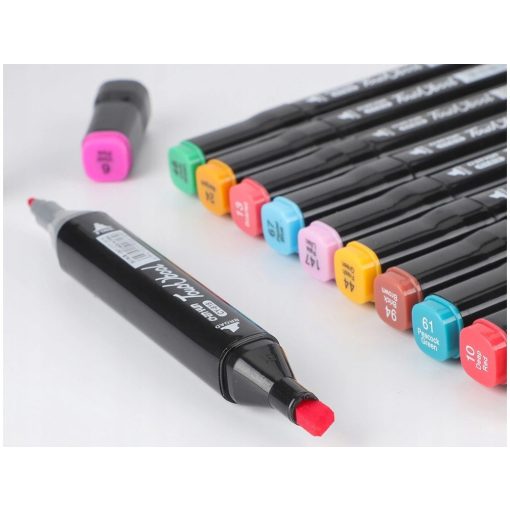 alkoholos marker készlet 40 darabos, nyitott fekete tokban, látható élénk színű markerekkel és dupla hegyekkel