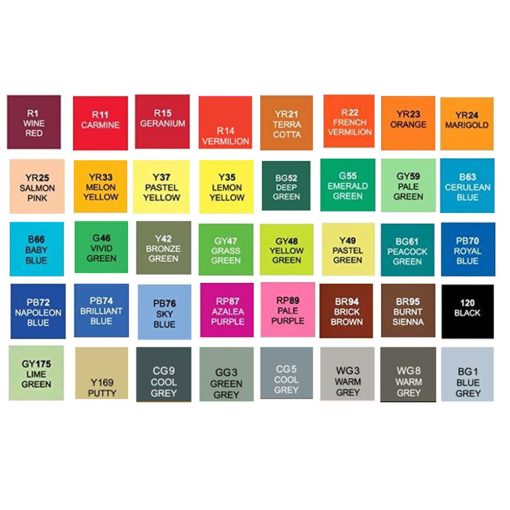 alkoholos marker készlet 40 darabos, nyitott fekete tokban, látható élénk színű markerekkel és dupla hegyekkel