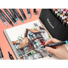 alkoholos marker készlet 40 darabos, nyitott fekete tokban, látható élénk színű markerekkel és dupla hegyekkel