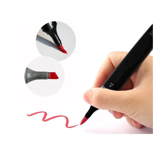 alkoholos marker készlet 40 darabos, nyitott fekete tokban, látható élénk színű markerekkel és dupla hegyekkel