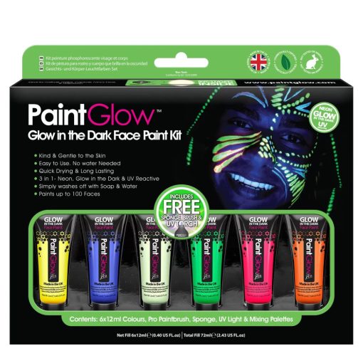 PaintGlow Glow in the Dark Neon UV arc- és testfesték készlet 6 színű