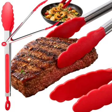 30 cm hosszú rozsdamentes acél konyhai grillfogó csúszásmentes színes műanyag fejekkel és praktikus fali akasztólyukkal