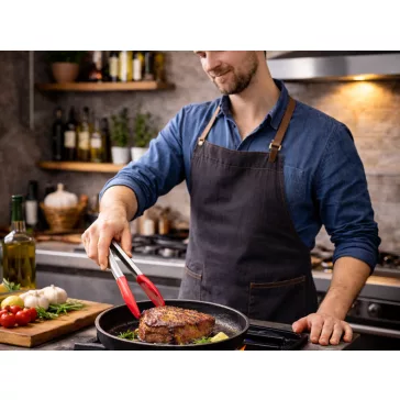30 cm hosszú rozsdamentes acél konyhai grillfogó csúszásmentes színes műanyag fejekkel és praktikus fali akasztólyukkal