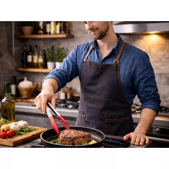 30 cm hosszú rozsdamentes acél konyhai grillfogó csúszásmentes színes műanyag fejekkel és praktikus fali akasztólyukkal