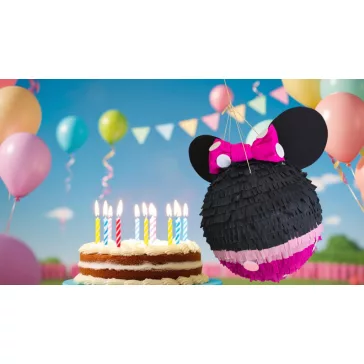 Pinyata Minnie édességekkel töltve egy vidám születésnapi bulin.